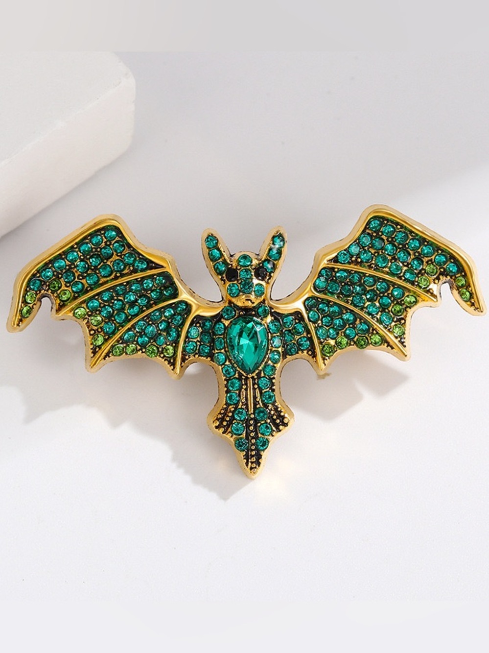 Green Crystal Bat Brooch Pin – Vintage Style Gold Tone Rhinestone Bat